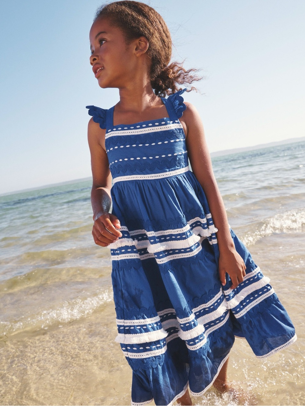 Mini Boden Tiered Twirly Ric Rac Dress in Sapphire Blue